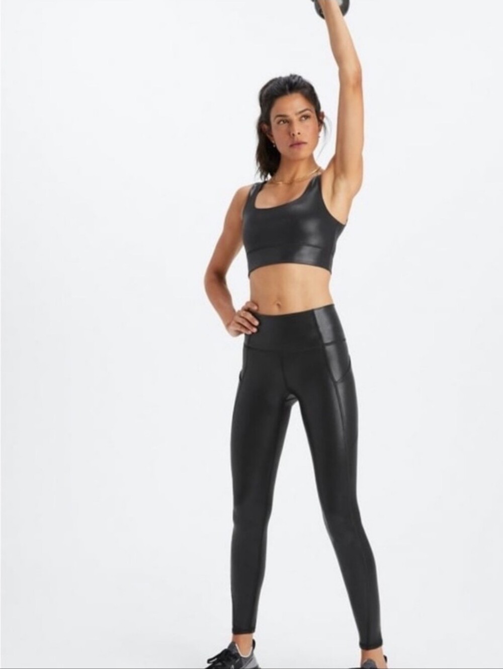 Fabletics Black Faux-Leather Active Oasis Leggings and Sports Bra Set